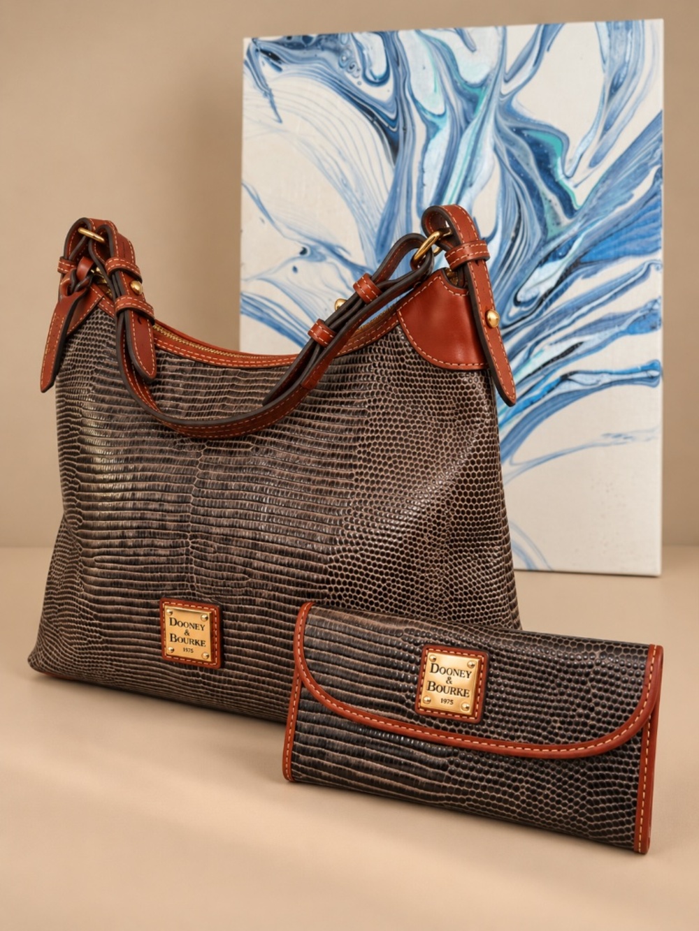 Dooney & Bourke Brown Embossed Leather Hobo Bag & Matching Wallet Set